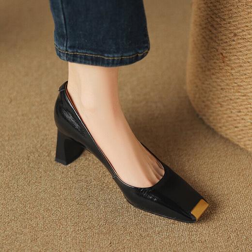 新款方头高跟鞋女浅口单鞋，方跟铁头高级感工作鞋金色牛皮女鞋LD&6682 商品图2