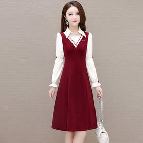 QYMXQD-53B77-L假两件中长款修身时尚连衣裙24年春款POLO领长袖小香风洋气A字裙