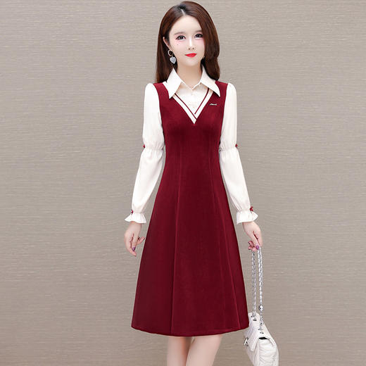 QYMXQD-53B77-L假两件中长款修身时尚连衣裙24年春款POLO领长袖小香风洋气A字裙 商品图0