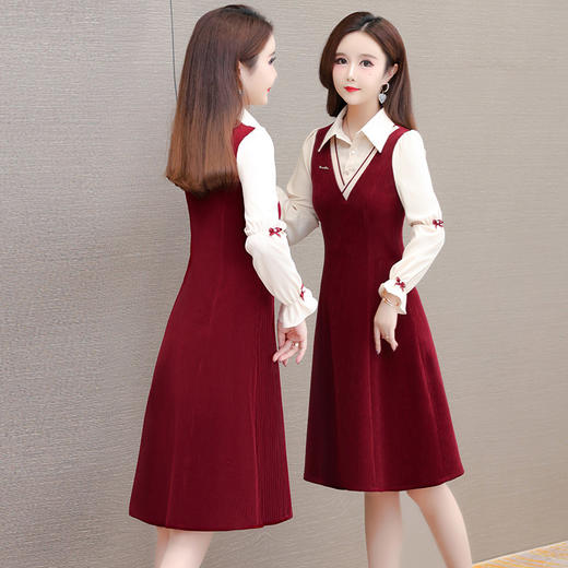 QYMXQD-53B77-L假两件中长款修身时尚连衣裙24年春款POLO领长袖小香风洋气A字裙 商品图2