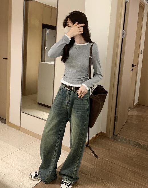  圆领假两件撞色长袖T恤 商品图4