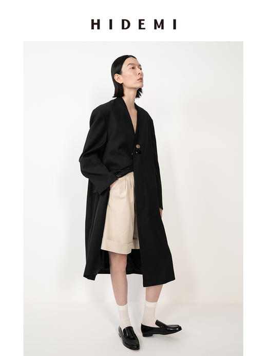HIDEMI 黑色极简无领设计感长款男朋友廓形西装外套 商品图3