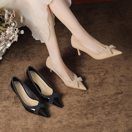 TZW-3356-19 羊皮法式高跟鞋女细跟尖头单鞋通勤蝴蝶结气质不累脚浅口 商品图0