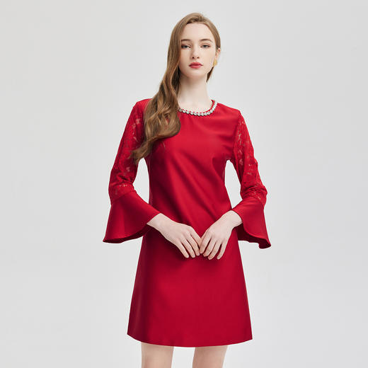 PE809斯尔丽24新款蕾丝拼接款喇叭袖法式浪漫镶嵌珠钻轻奢小礼服连衣裙 商品图0