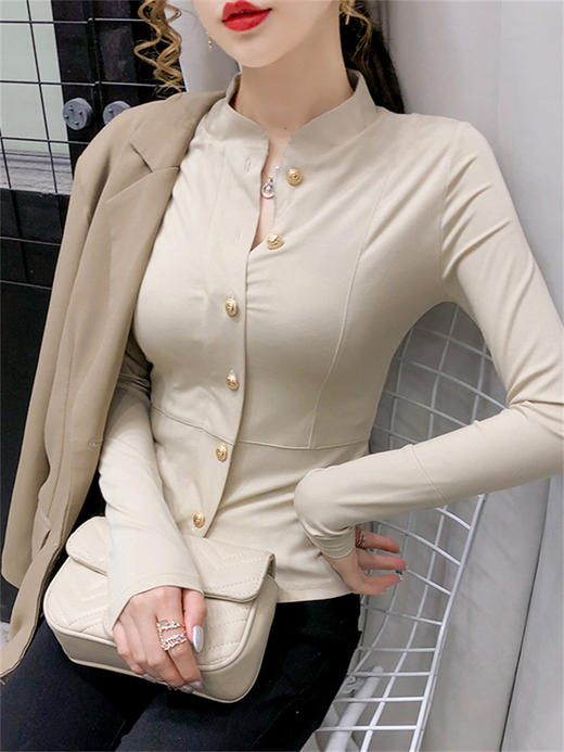MZ-14014春季新款长袖打底上衣女短款薄款气质开衫紧身显瘦立领小衫 商品图1
