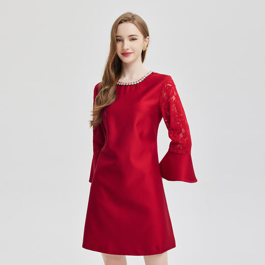 PE809斯尔丽24新款蕾丝拼接款喇叭袖法式浪漫镶嵌珠钻轻奢小礼服连衣裙 商品图2