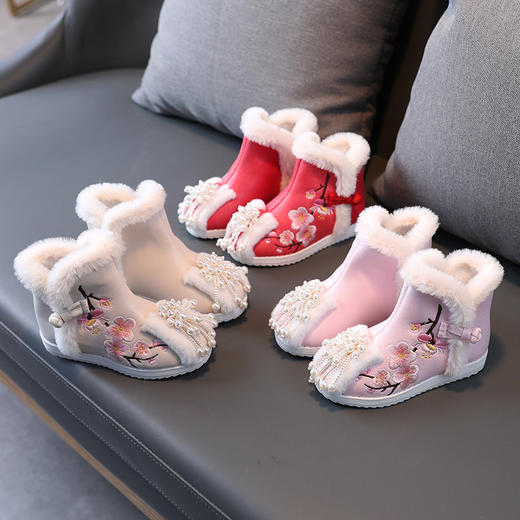 冬季加绒靴子女童汉服鞋，古装配马面裙鞋儿童绣花鞋中国风宝宝短靴BK-A5215 商品图0
