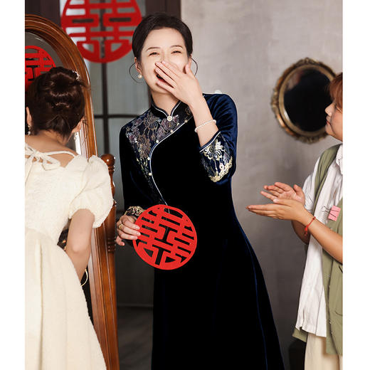 妈妈婚宴装进口丝绒旗袍春秋结婚年轻喜婆婆婚礼礼服HY231016 商品图0