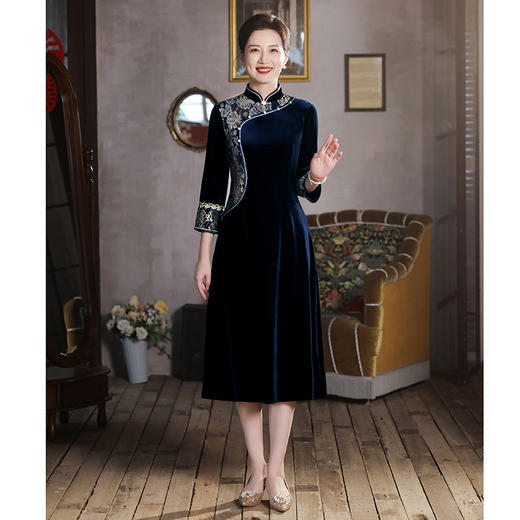 妈妈婚宴装进口丝绒旗袍春秋结婚年轻喜婆婆婚礼礼服HY231016 商品图3