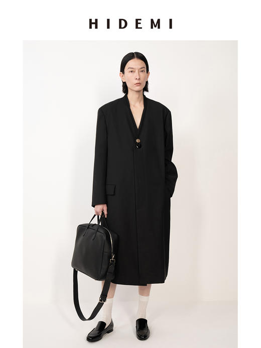 HIDEMI 黑色极简无领设计感长款男朋友廓形西装外套 商品图2