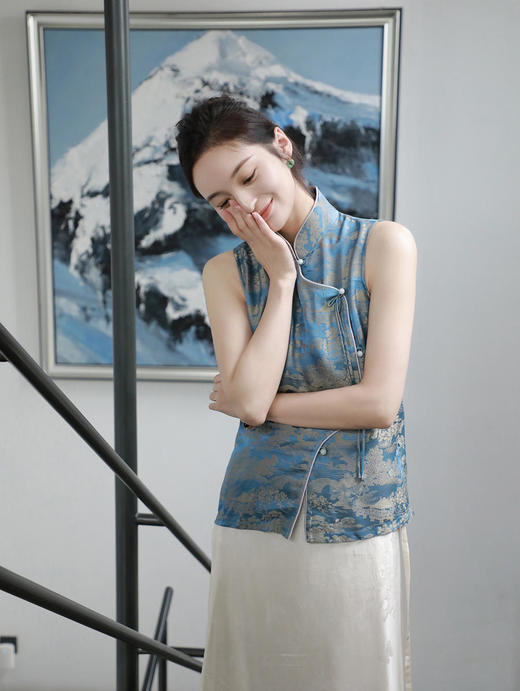 盛唐牡丹 |清明上河图真丝提花小立领马甲 商品图0