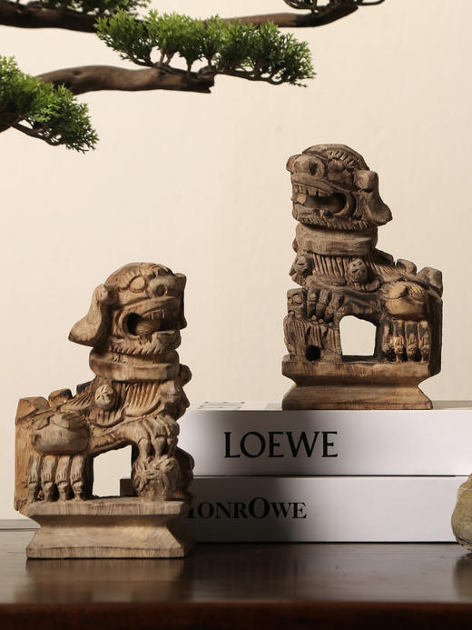 新中式创意木雕狮子摆件家居饰品酒柜客厅装饰品复古摆设工艺品手工雕 商品图0
