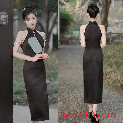 SYK299109时尚改良新中式年轻少女款旗袍2024春夏新款挂脖露肩旗袍裙 商品图2