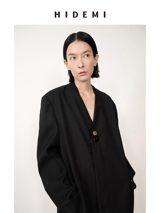 HIDEMI 黑色极简无领设计感长款男朋友廓形西装外套 商品图4