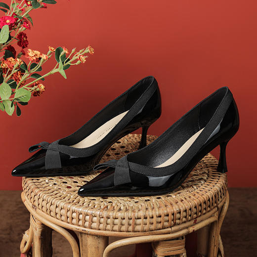 TZW-3356-19 羊皮法式高跟鞋女细跟尖头单鞋通勤蝴蝶结气质不累脚浅口 商品图6