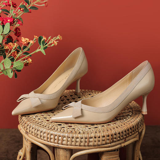 TZW-3356-19 羊皮法式高跟鞋女细跟尖头单鞋通勤蝴蝶结气质不累脚浅口 商品图5