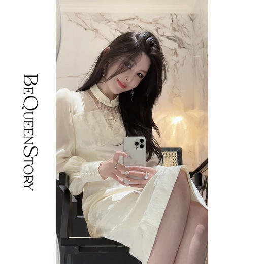 BeQueenStory【鎏金月光】轻奢时尚提花拼接亮光皱泡泡袖连衣裙 商品图0