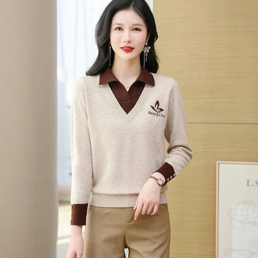 FCY-51855洋气时尚撞色假两件针织衫秋季新款女装POLO领宽松长袖打底毛衣 商品图0