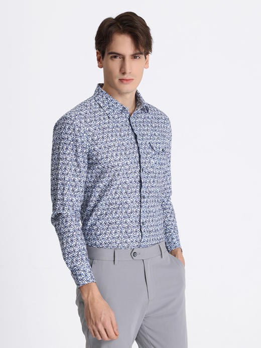 callisto蓝色棉亚麻混纺休衬长袖 STCSL079C 商品图1