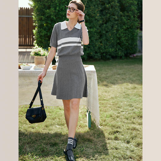 OLrain欧芮儿灰色针织衫女早春2024年新款休闲运动风短袖上衣 商品图3