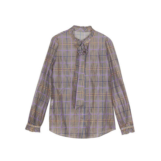 谜底紫罗兰格子衬衫长袖女2024春款设计感领结亲肤衬衣241MC0070 商品图4