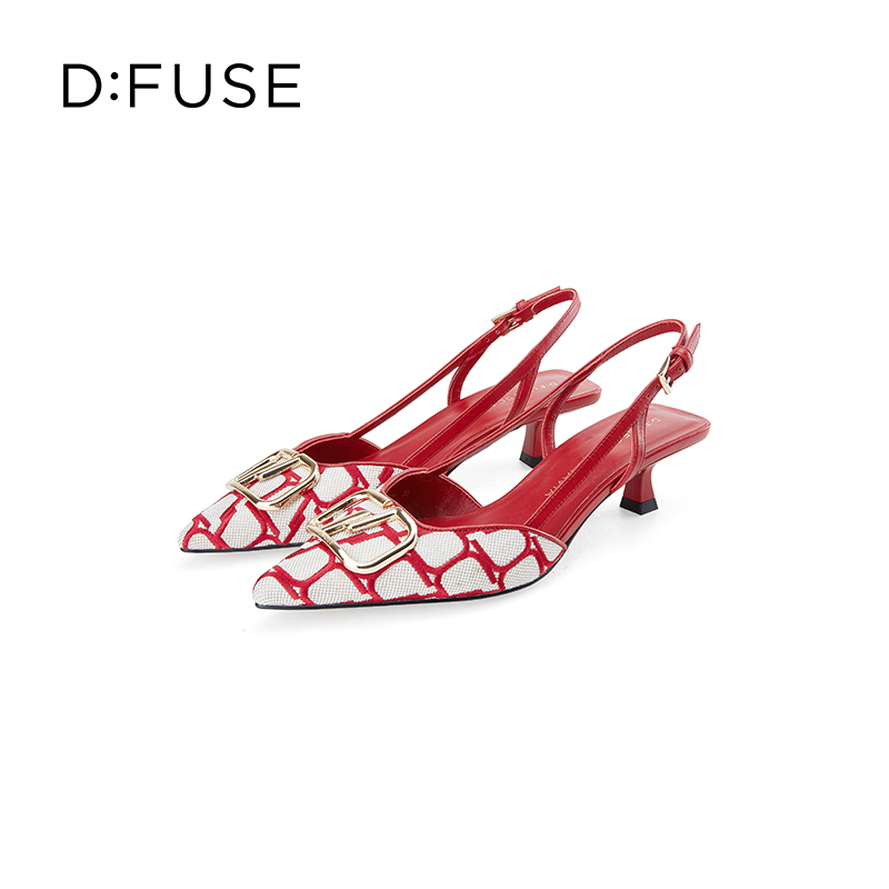 Dfuse迪芙斯春秋季气质金属扣刺绣布中后空高跟单鞋DF41114116