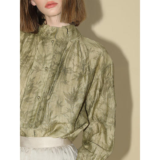 COCOBELLA竹叶提花压褶对丝衬衫新中式国风莱赛尔上衣SR0002 商品图2