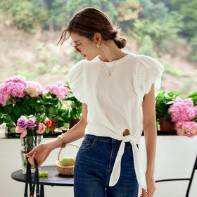 OLrain欧芮儿法式白色T恤女夏季2024新款泡泡袖设计感别致圆领针织短袖