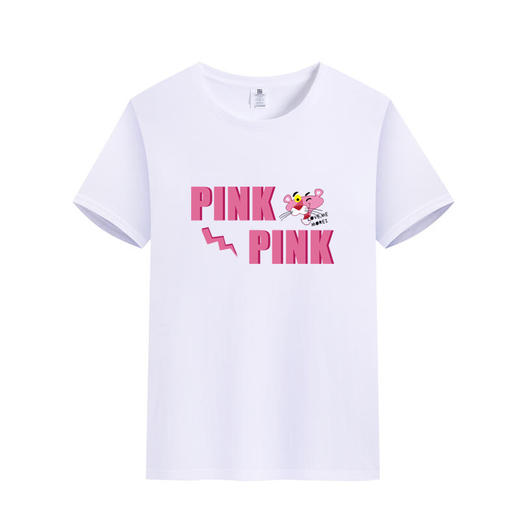 【99元任选3件】PINK PINK 粉红豹夏季纯色短袖印花双纱精梳棉常规款女款T恤  603#-028 商品图0