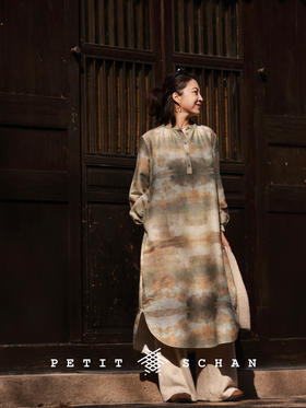 日落印象 新中式油画感印花丝棉茧型连衣裙