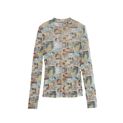 谜底主题花色T恤长袖女2024春新款复古圆领修身打底上衣241MT0044 商品图4