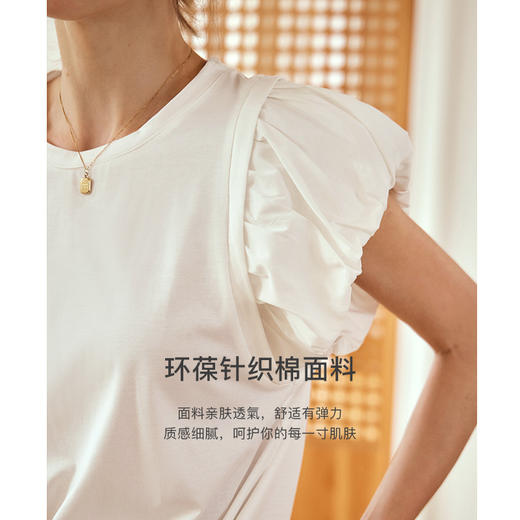 OLrain欧芮儿法式白色T恤女夏季2024新款泡泡袖设计感别致圆领针织短袖 商品图1