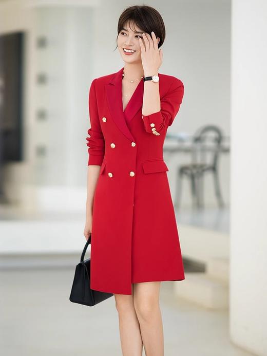 红色双排扣法式连衣裙女秋季新款高级醋酸领西装裙正装 商品图1