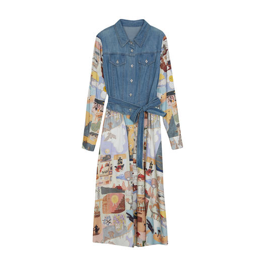 谜底牛仔拼接式连衣裙长袖2024春款复古主题印花长裙女241ML0105 商品图4