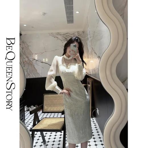 BeQueenStory【鎏金月光】轻奢时尚提花拼接亮光皱泡泡袖连衣裙 商品图2