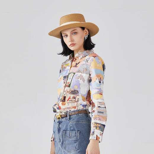 谜底主题花色衬衫长袖女2024春季新款复古纯棉修身衬衣241MC0098 商品图1