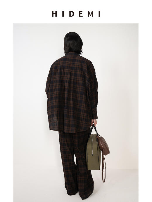 HIDEMI 格纹水洗微褶做旧感小圆领大廓形慵懒衬衫套装 衬衫/阔腿裤 商品图4