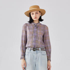 谜底紫罗兰格子衬衫长袖女2024春款设计感领结亲肤衬衣241MC0070