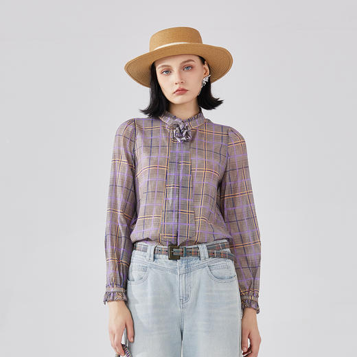 谜底紫罗兰格子衬衫长袖女2024春款设计感领结亲肤衬衣241MC0070 商品图0