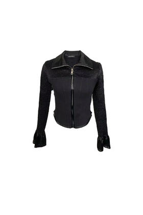 修身长袖黑醋酸拉链上衣