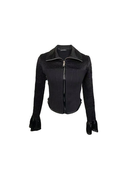 修身长袖黑醋酸拉链上衣 商品图0