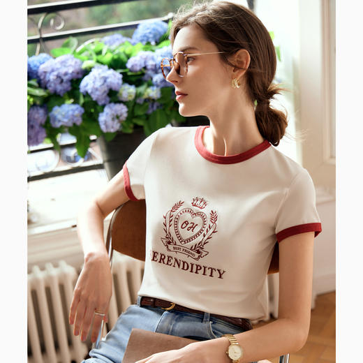 OLrain欧芮儿美式复古T恤女春季2024年新款时尚百搭撞色刺绣短袖 商品图0