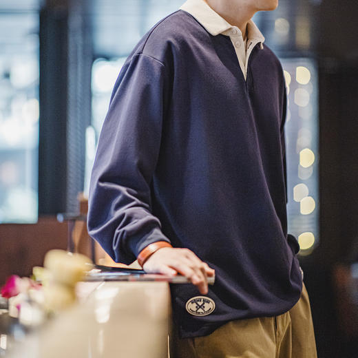 工装优选 美式复古针织撞色polo衫卫衣学院风宽松翻领长袖T恤男春 商品图4