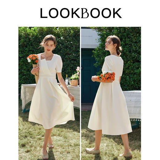 OLrain欧芮儿法式杏色连衣裙女夏季2024年新款收腰显瘦短袖裙子 商品图3