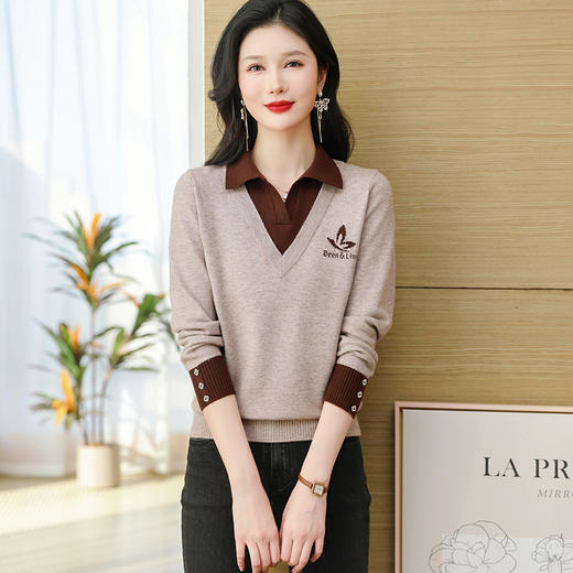 FCY-51855洋气时尚撞色假两件针织衫秋季新款女装POLO领宽松长袖打底毛衣 商品图1