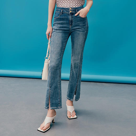 EITIE爱特爱春季新款时尚休闲显瘦高腰开叉百搭牛仔裤7305016 商品图2