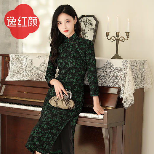 上海逸红颜 凤飞舞 2025秋冬款弹力针织千鸟格书香气旗袍中式礼服 商品图2