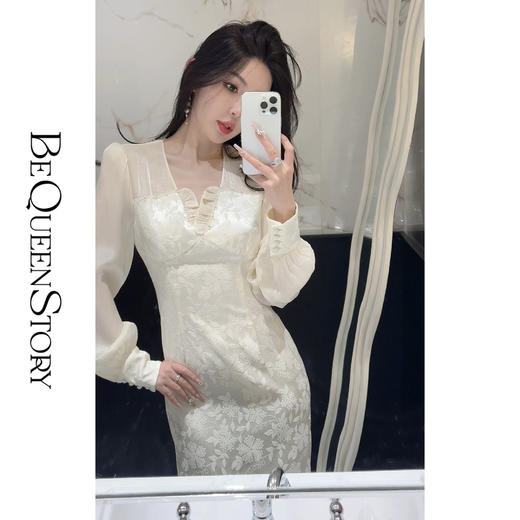 BeQueenStory【鎏金月光】轻奢时尚提花拼接亮光皱泡泡袖连衣裙 商品图3