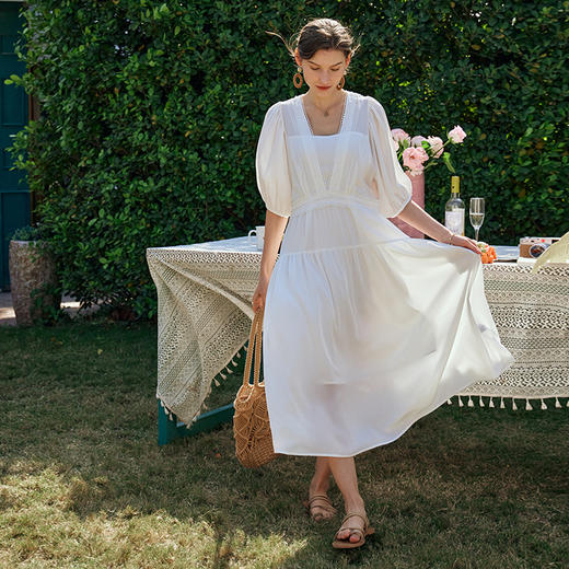 OLrain欧芮儿法式泡泡袖白色连衣裙女夏季2024新款显瘦长裙 商品图3