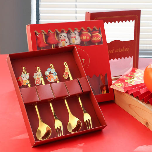「6件套！新年佳礼」新年小礼物勺子餐具套装 咖啡勺水果叉小勺招财猫礼品公仔厨房用品餐饮用具 商品图1